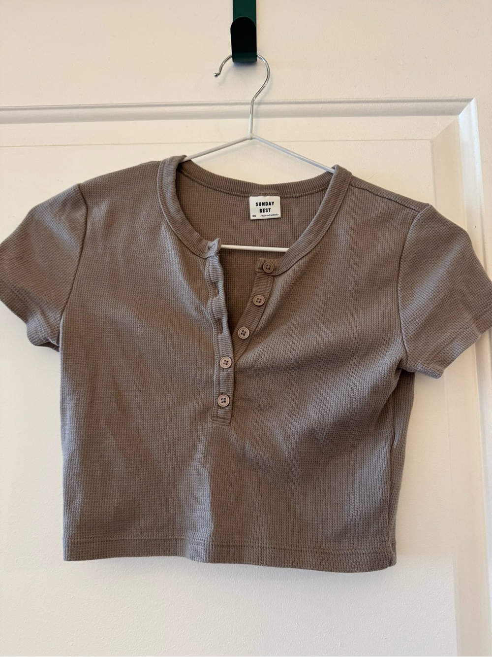 Sunday Best Taupe Ribbed Henley Crop Tee